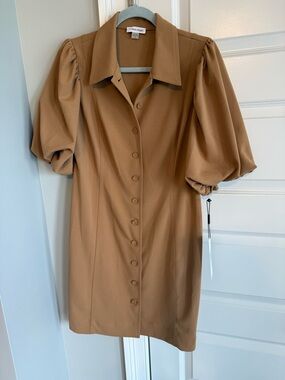 Calvin Klein Tan Puff-Sleeve Button-Front Mini Dress